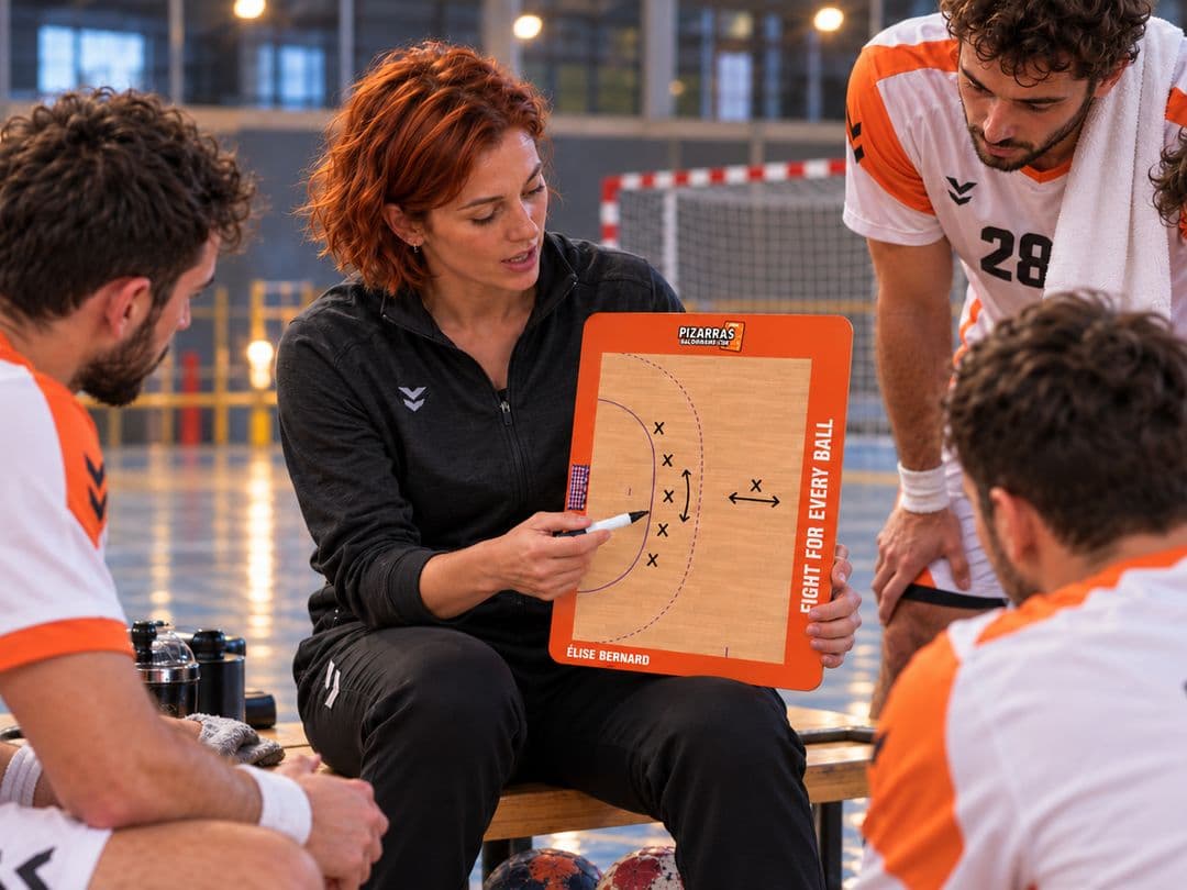 Een handbaltrainster legt haar team op de bank een spelpatroon uit op het coachbord