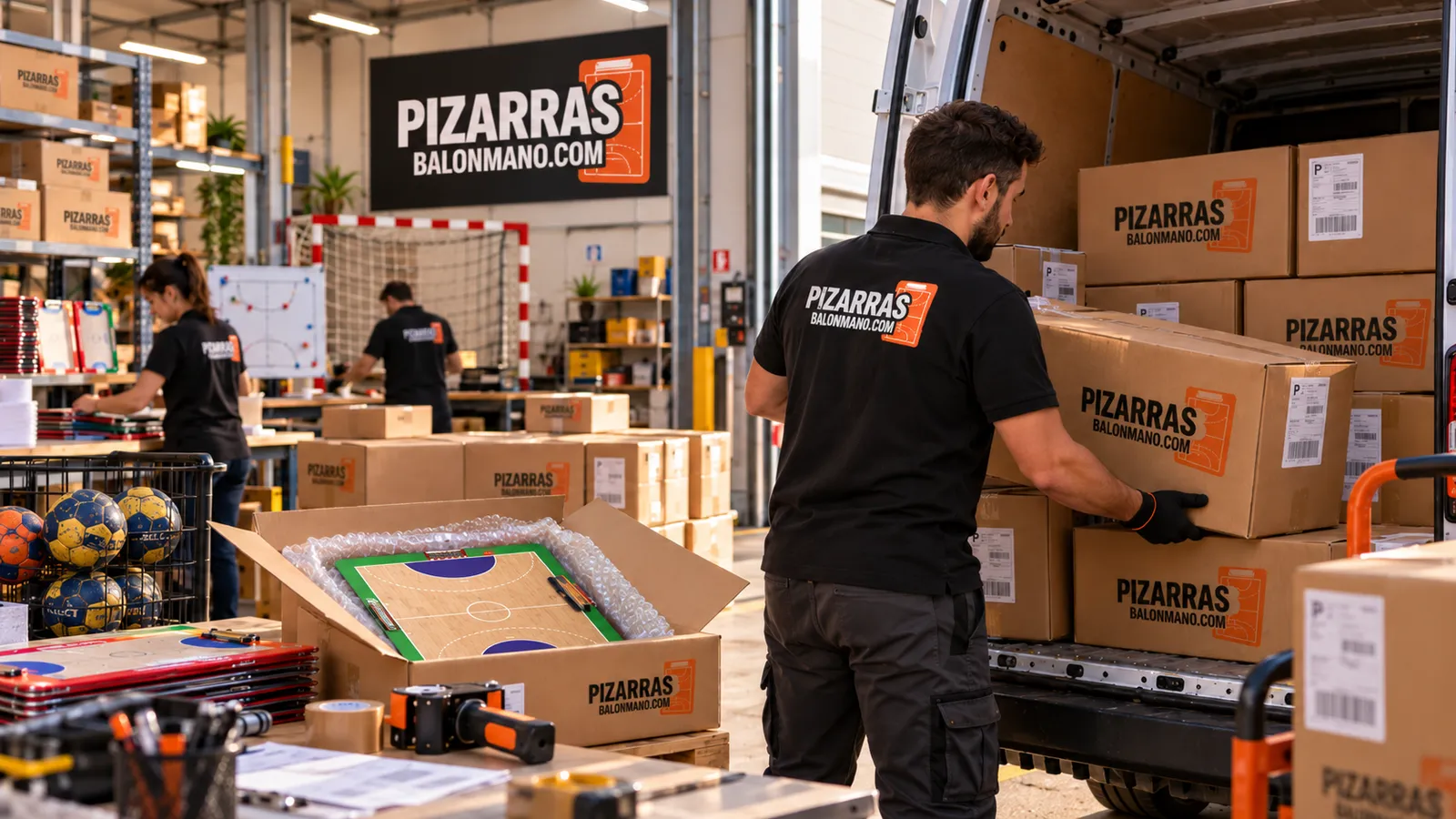 Magazijn met handbal-coachborden en het laden van dozen voor verzending