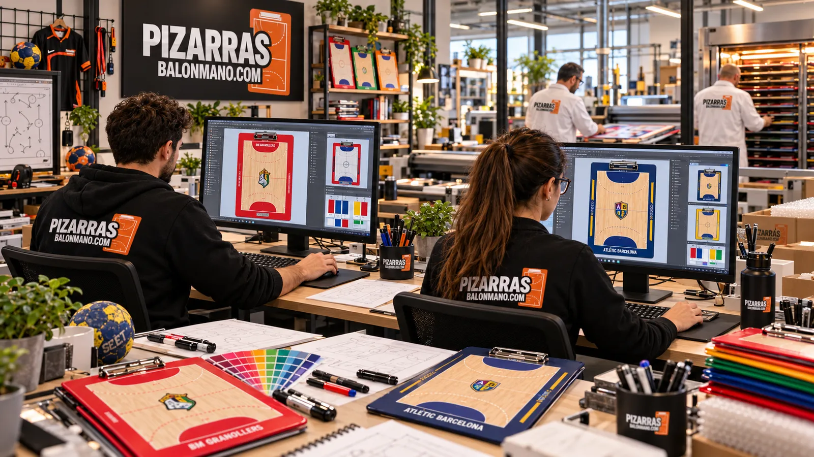 Ontwerpers maken gepersonaliseerde handbal-coachborden klaar op het scherm
