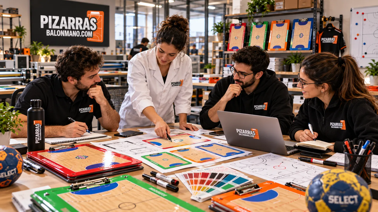 Ontwerpoverleg met handbal-coachborden en kleurkaarten op tafel
