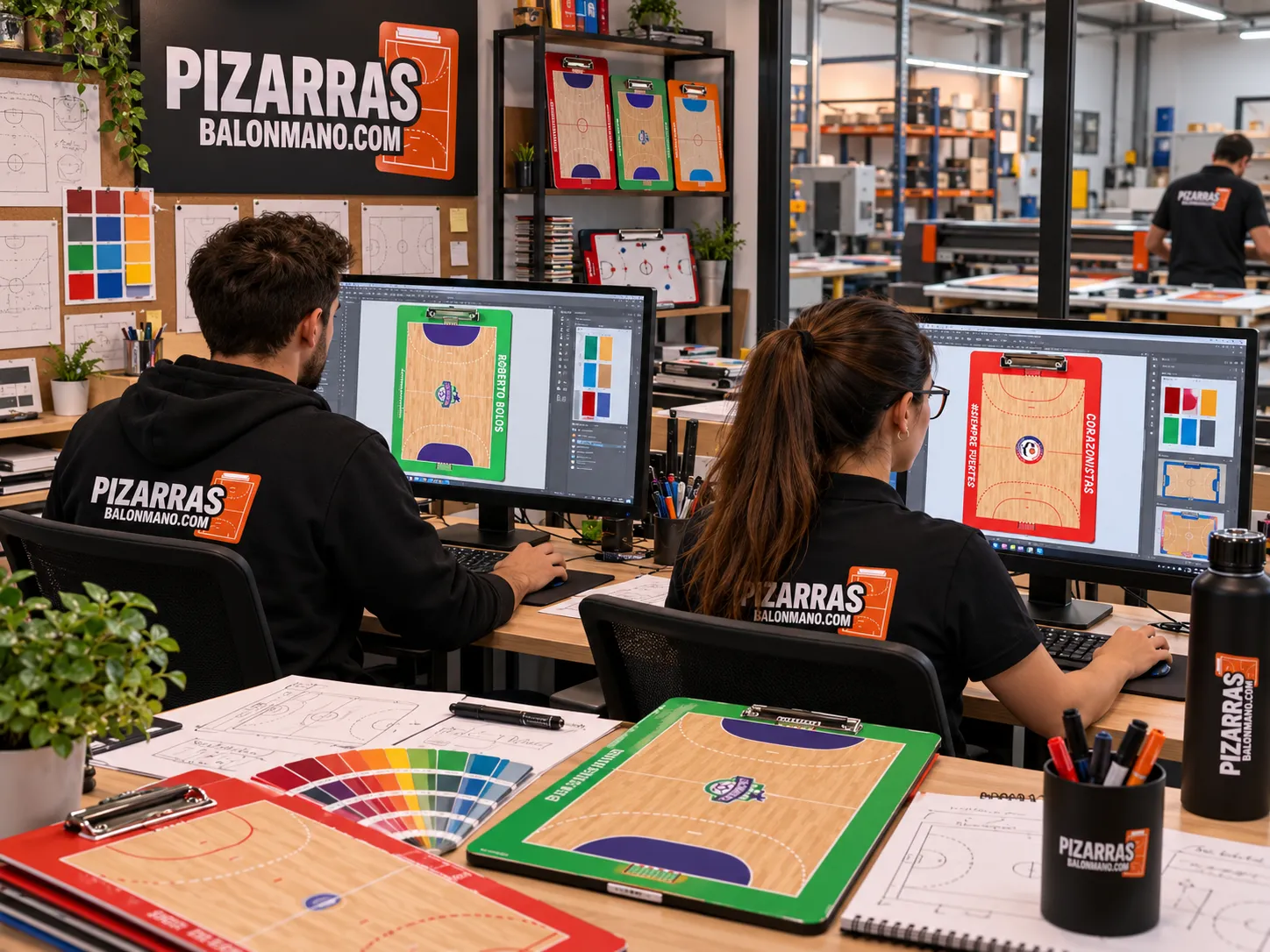 Handbal-coachborden ontwerpen op de computer, met kleurstalen