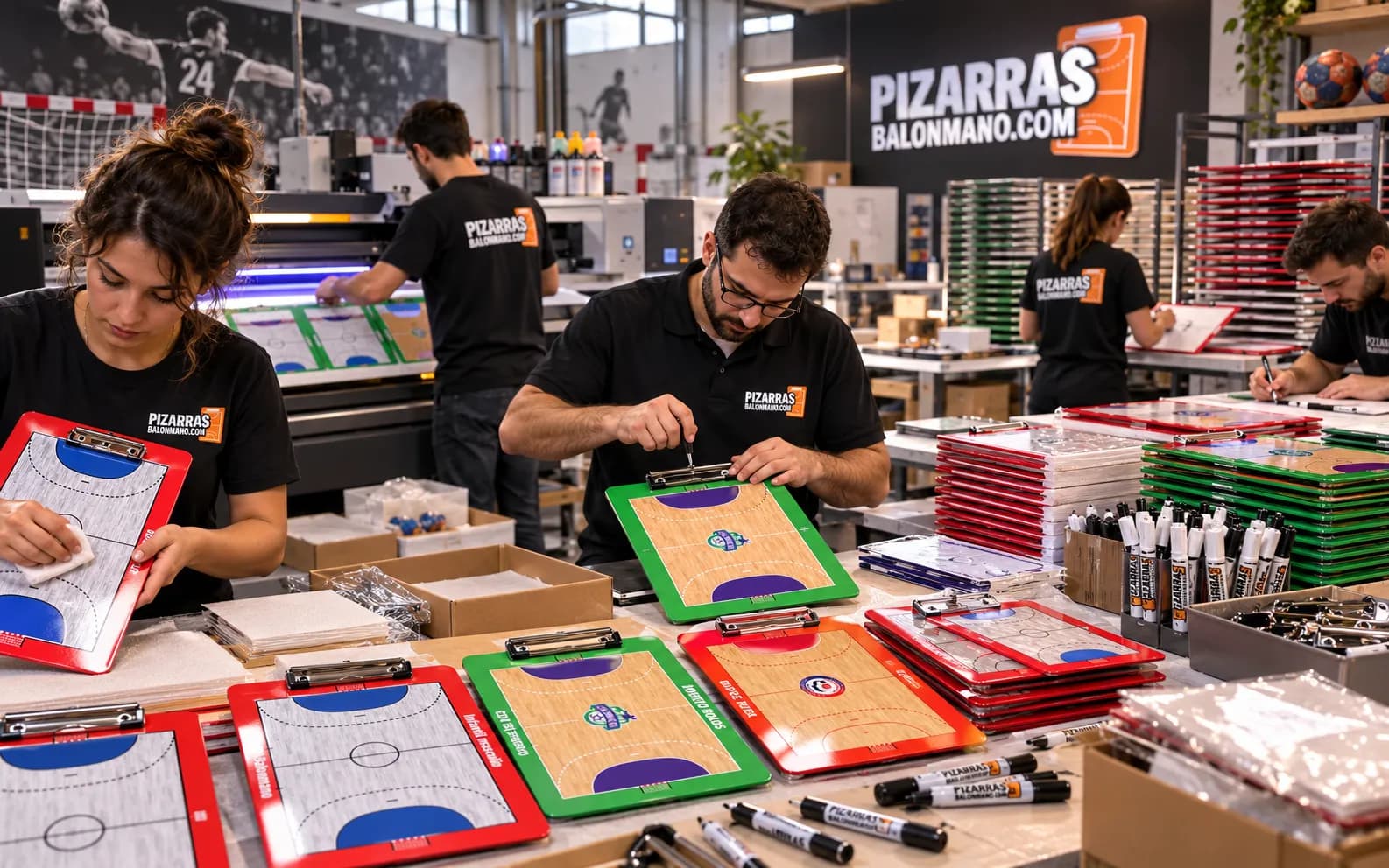 Het werkplaatsteam controleert afgewerkte handbal-coachborden
