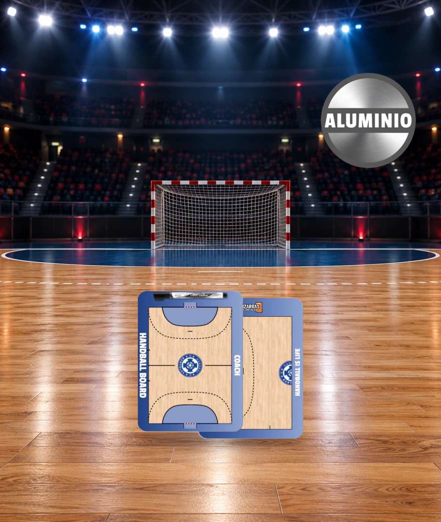 Handbal-tactiekbord Pocket Aluminium, voor- en achterkant, op het veld van een sporthal