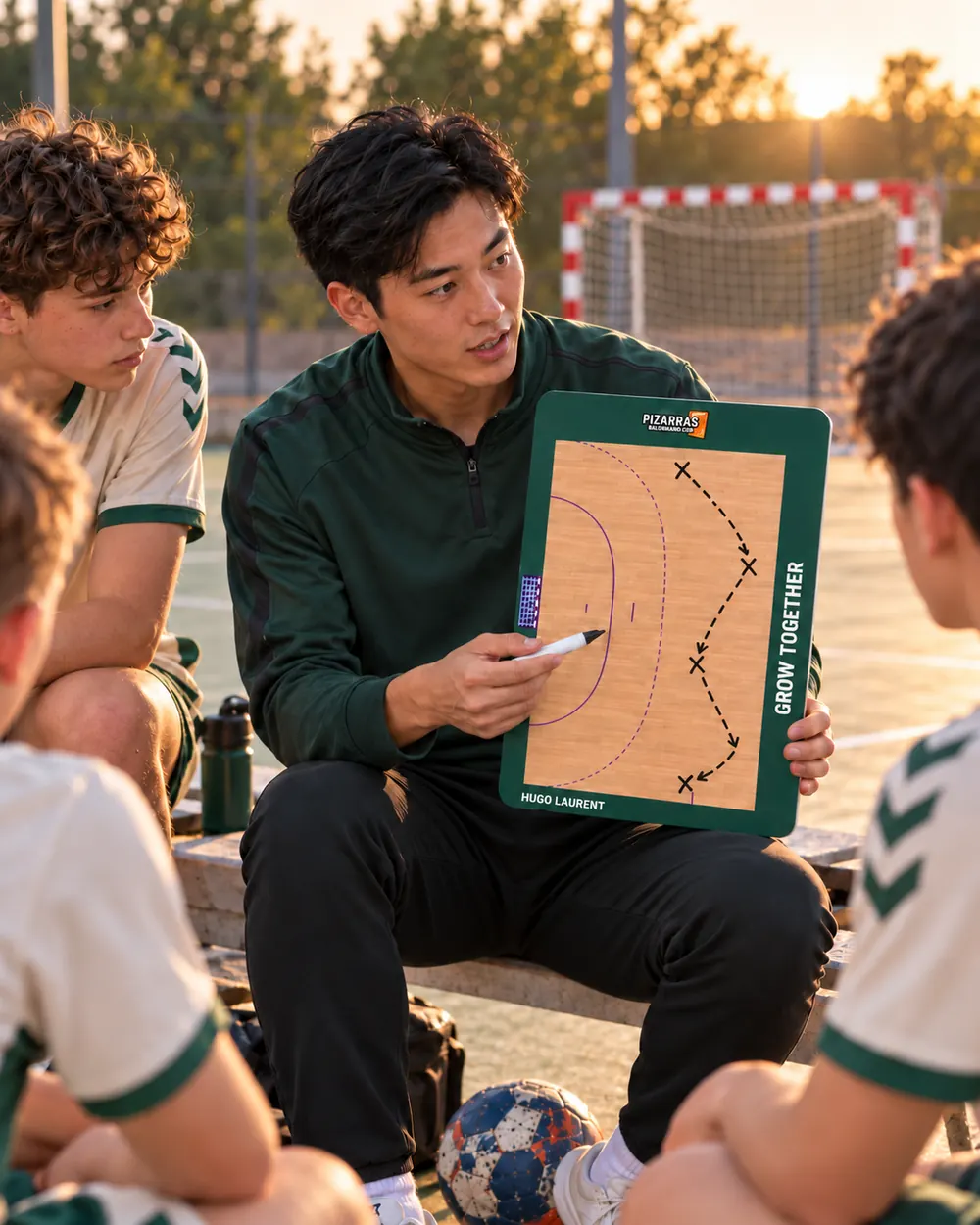 Een handbaltrainer legt zijn team bij zonsondergang op een buitenveld een spelpatroon uit op het coachbord