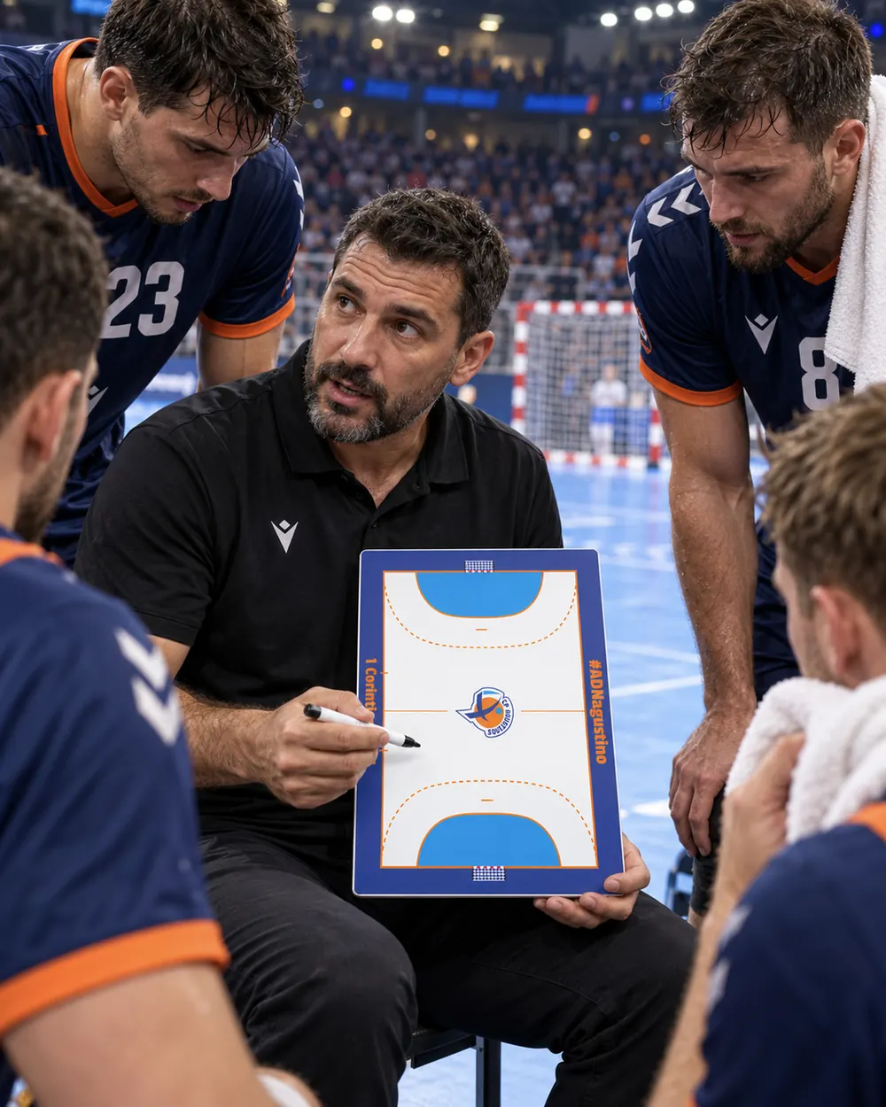 Een handbaltrainer wijst tijdens de training een spelpatroon aan op het coachbord
