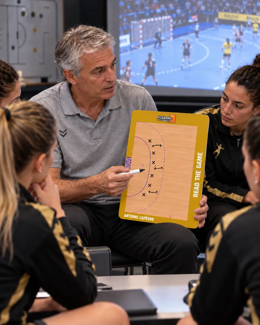 Een handbaltrainer legt zijn speelsters voor het videoscherm een spelpatroon uit op het coachbord
