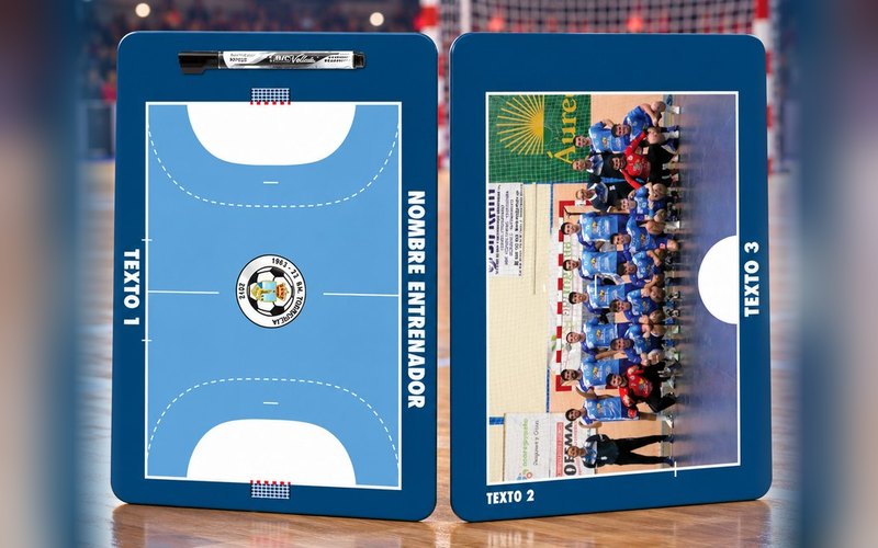 Voorbeeld van een handbal-Cadeaubord: voorkant het veld, achterkant de teamfoto
